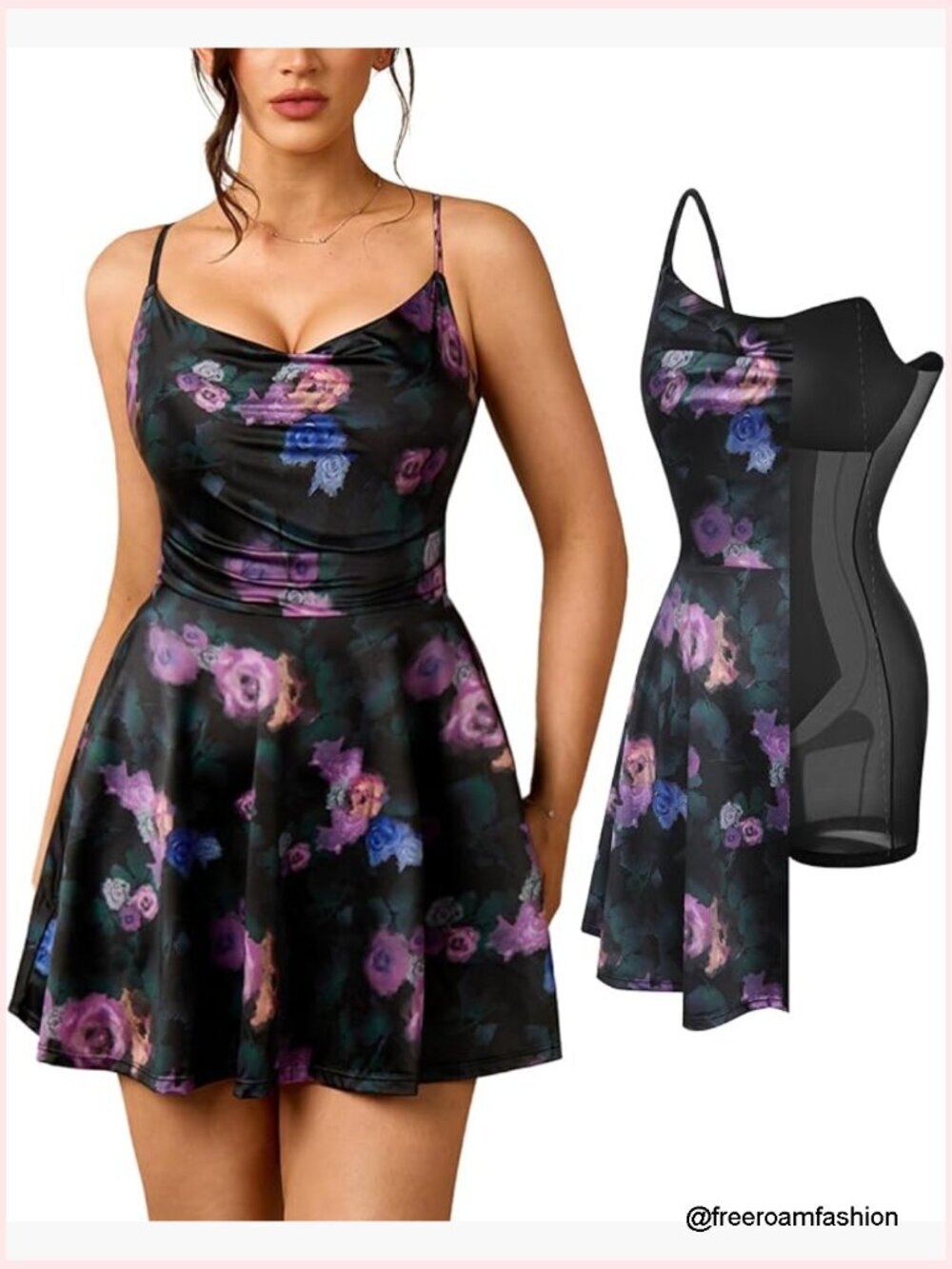 A-Line Mini Dress with Shapewear Tummy Control Spaghetti Strap Cowl Neck